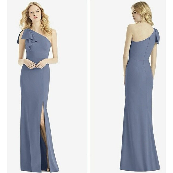 NWT AFTER SIX Size 2 Bowed One-Shoulder Crepe Trumpet Gown In Larkspur Blue - Picture 1 of 13